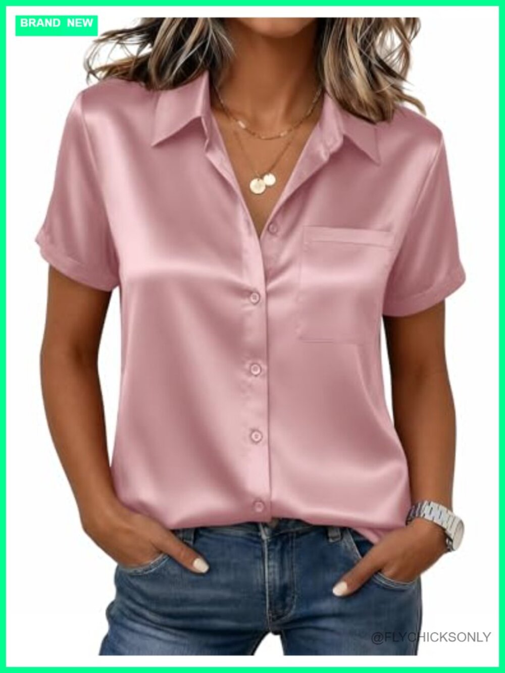 Satin Silk Button Down Short Sleeve Blouse